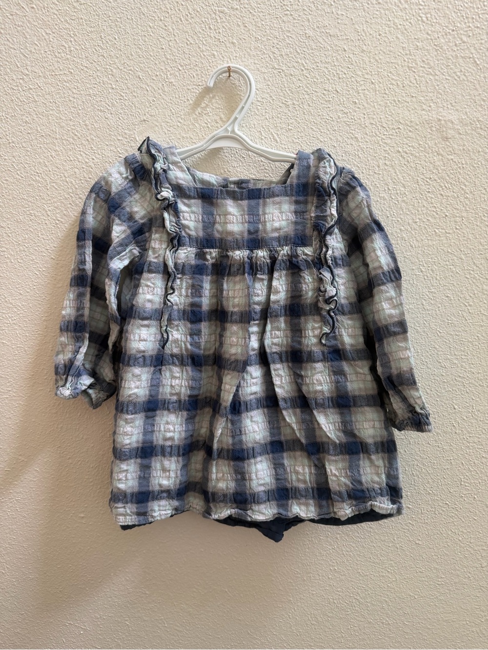 Zara Blue and White Plaid Ruffle-Trim Blouse